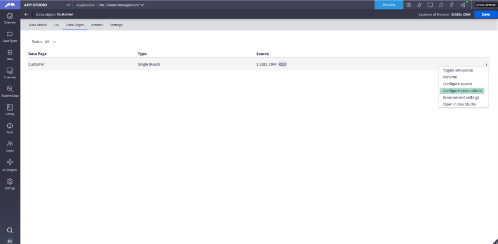 Configure save options for data type